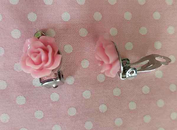 Earrings, Pink Rose, Nickel Findings, Clip-On, Diameter 10mm, 2pc