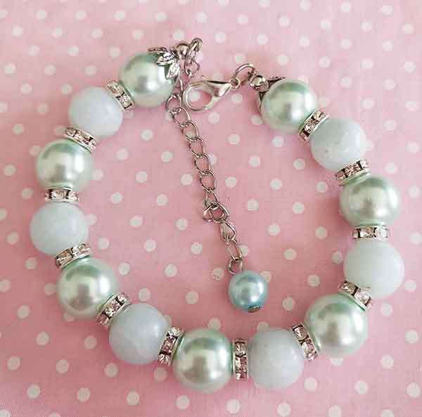 Bracelet, Green Glass Pearls+Semi-Precious Beads+Rondals+,Nickel Findings, Lobster Clasp, 20cm+5cm