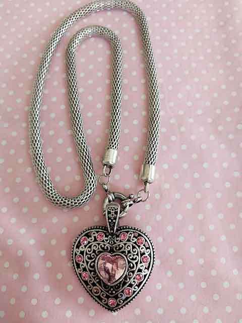 Riza Necklace, Heart Pendant+Pink Rhinestones+Rope Chain, Signoretti Clasp, 50cm