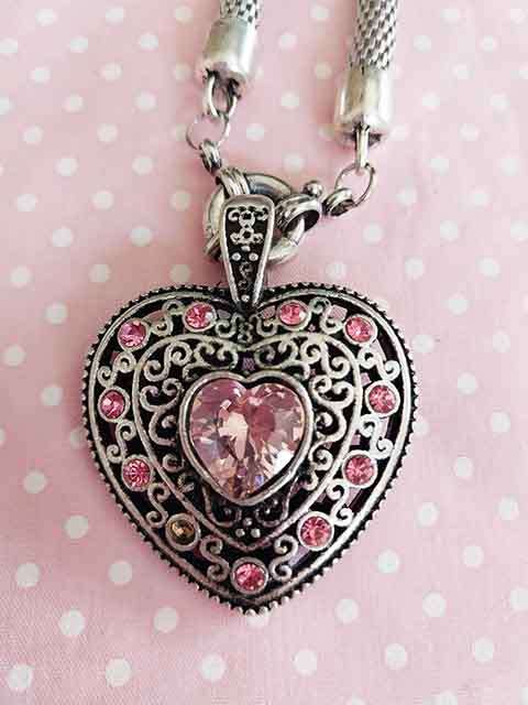 Riza Necklace, Heart Pendant+Pink Rhinestones+Rope Chain, Signoretti Clasp, 50cm