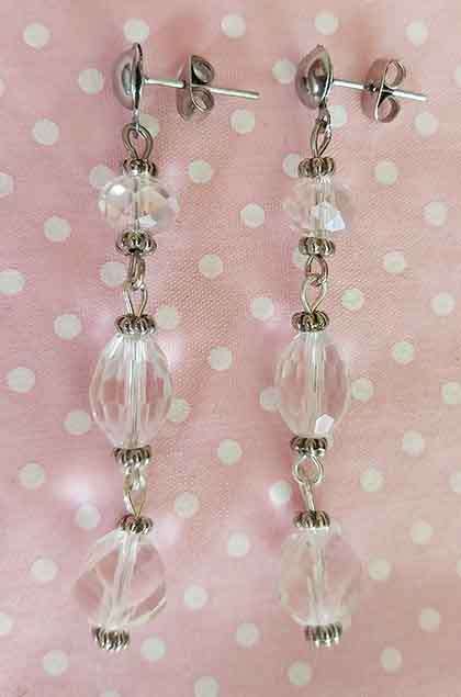 Earrings, Clear Crystal Beads, Nickel Findings+Ear Studs, 57mm, 2pc