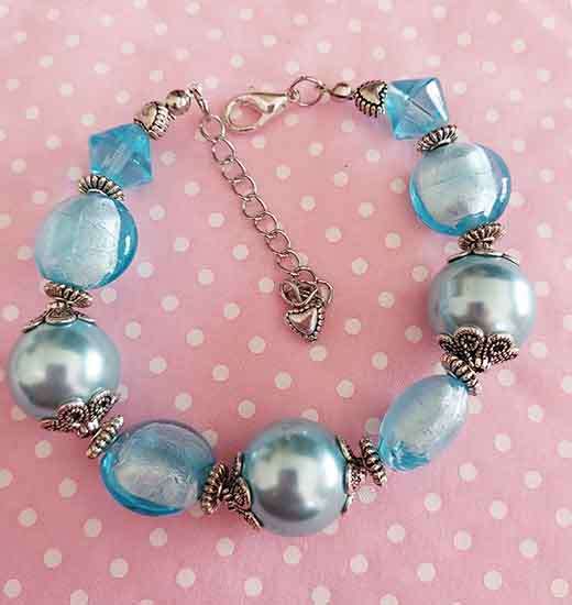 Bracelet, Turquoise Glass Pearls+Foil Beads, Nickel Findings, Lobster Clasp, 19cm+5cm