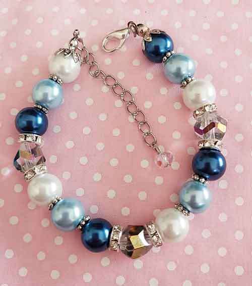 Bracelet, White+Light Blue+Royal Blue Glass Pearls+Clear C, Nickel Findings, Lobster Clasp, 19cm+5cm