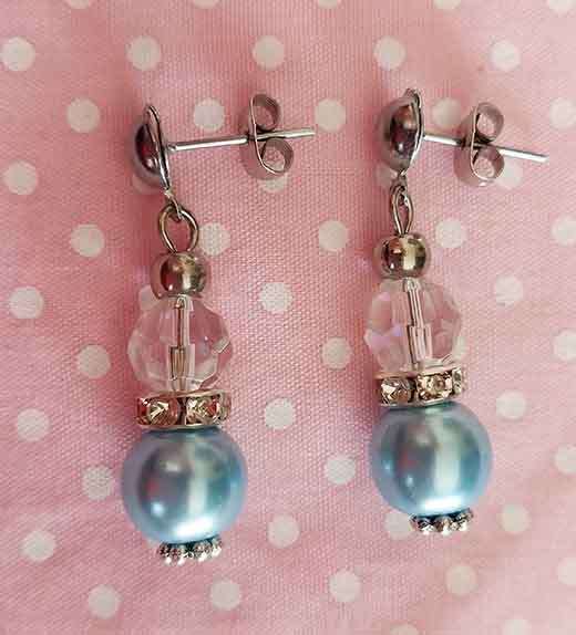 Earrings, Blue Glass Pearls+Clear Crystal Beads+Rondals+Clear , Nickel Findings+Ear Studs, 34mm, 2pc