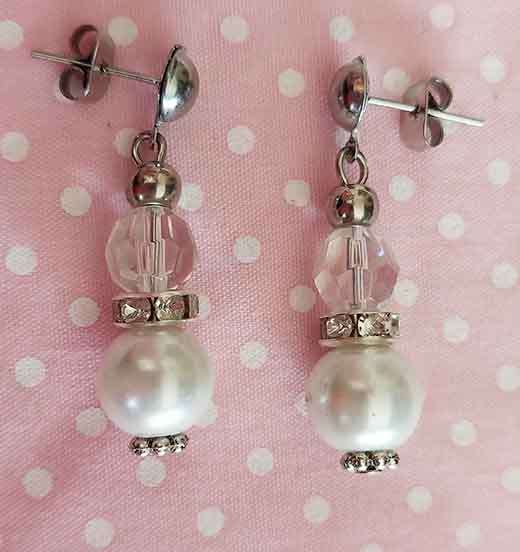 Earrings, White Glass Pearls+Clear Crystal Beads+Rondals+Clear, Nickel Findings+Ear Studs, 34mm, 2pc