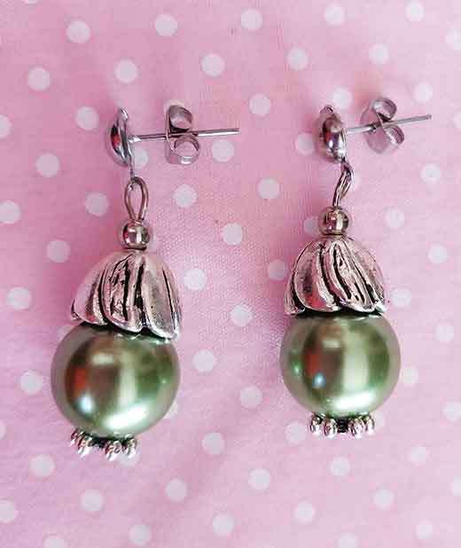 Earrings, Green Glass Pearls, Nickel Findings+Ear Studs, 35mm, 2pc