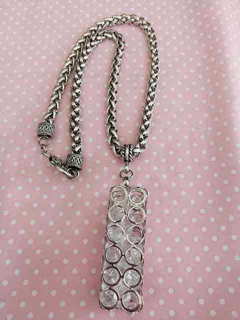 Necklace, Pendant+Clear Rhinestones On Rope Chain, Nickel, Lobster Clasp, 48cm