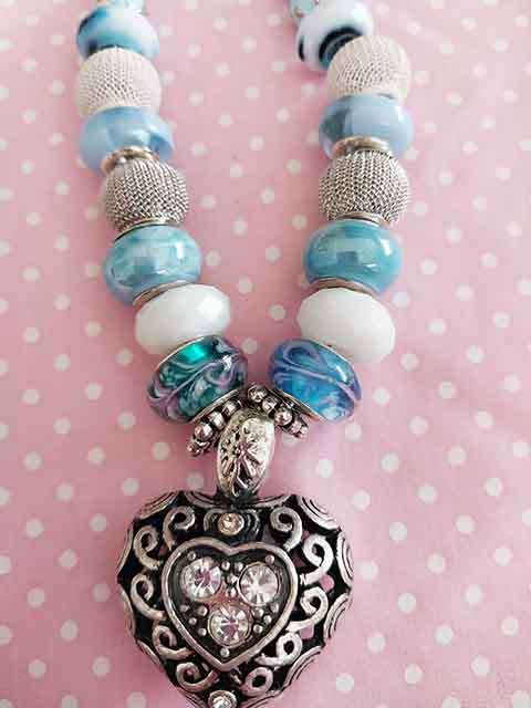 Necklace, Blue+White Pandora Style Beads+Heart Pendant+Blue Leather, Toggle Clasp, 49cm