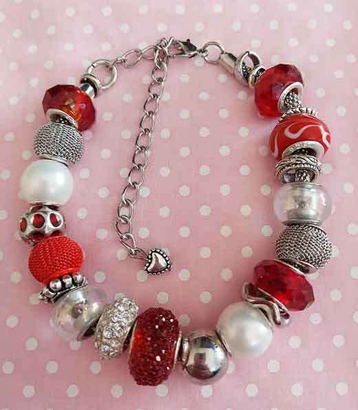 Bracelet, Red+White Pandora Style Beads, Nickel Findings, Lobster Clasp, 20cm+5cm, 1pc