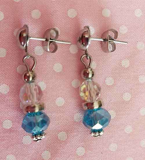 Earrings, Blue And Clear Crystal Beads, Nickel Findings+Ear Studs, 28mm