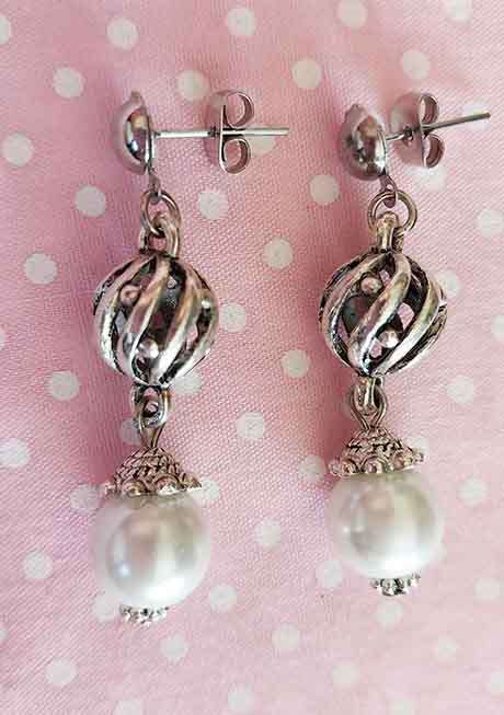 Earrings, White Glass Pearls, Nickel Findings+Ear Studs, 38mm, 2pc