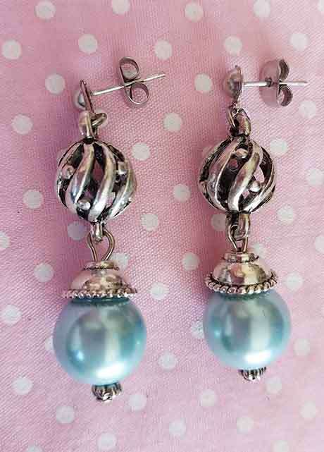 Earrings, Blue Glass Pearls, Nickel Findings+Ear Studs, 41mm, 2pc
