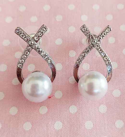 Earrings, White Faux Pearl With Clear Rhinestones, Nickel Findings, 23mm, 2pc
