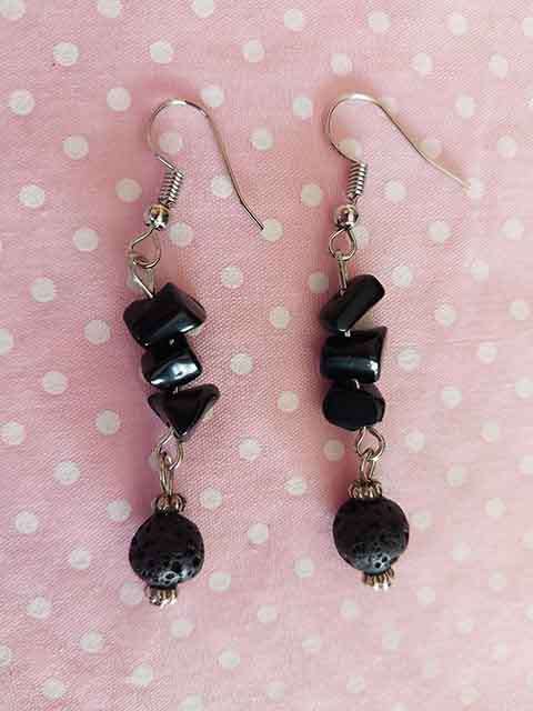 Earrings, Black Lava Beads+Black Onyx Chips, Nickel Ear Hooks + Nickel Findings, 55mm
