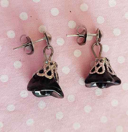 Earrings, Black Crystal Beads, Flower Shape, Nickel Findings+Ear Studs, 20mm, 2pc