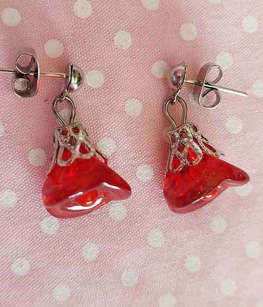 Earrings, Red Crystal Beads, Flower Shape, Nickel Findings+Ear Studs, 20mm, 2pc
