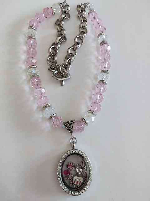 Crystal Necklace, Pink+Clear Crystal Beads+Locket+Clear Rhinestones+Charms, Toggle Clasp, 46cm, 1pc