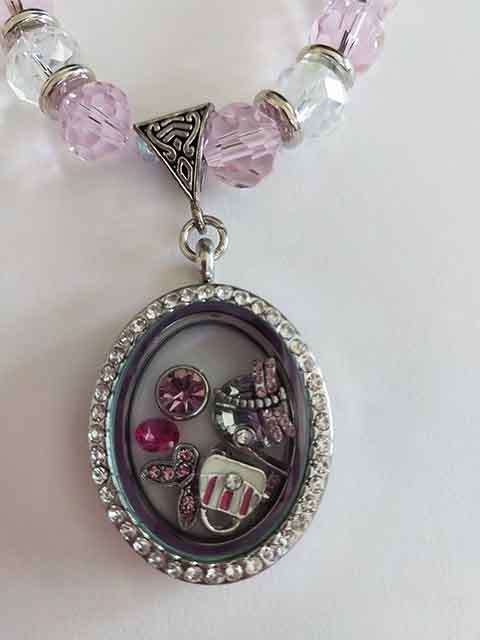 Crystal Necklace, Pink+Clear Crystal Beads+Locket+Clear Rhinestones+Charms, Toggle Clasp, 46cm, 1pc