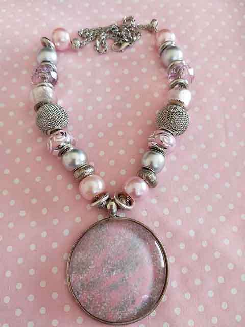 Necklace, Pink+Grey Pandora Style Beads+Rope Chain+Pendant, Lobster Clasp, 42cm+5cm