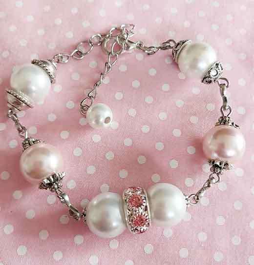 Bracelet, White+Pink Glass Pearls+Rondals+Pink Rhineston, Nickel Findings, Lobster Clasp, 19.5cm+5cm