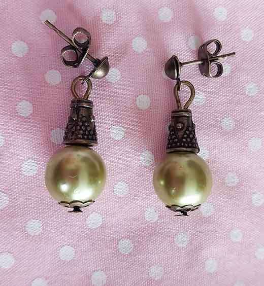 Earrings, Green Glass Pearl, Bronze Findings+Ear Studs, 27mm, 2pc