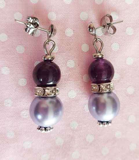 Earrings, Purple Glass Pearl+Purple Amethyst Beads+Rondals+Cle, Nickel Findings+Ear Studs, 32mm, 2pc