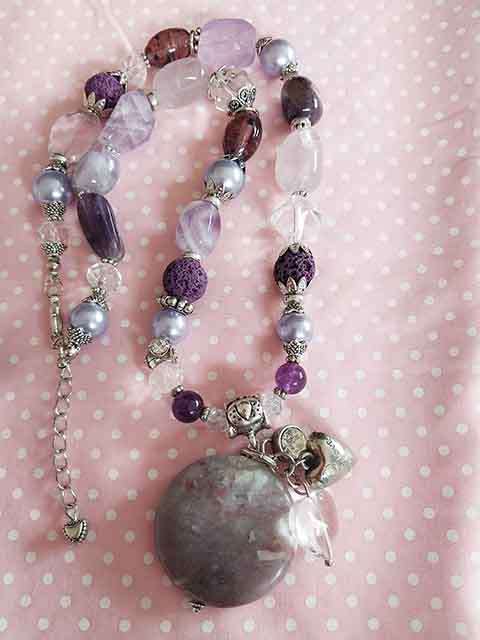 Purple Amethyst+Purple Glass Pearls+Clea+Semi-Precious Pend Nickel Findings, Lobster Clasp, 46cm+5cm