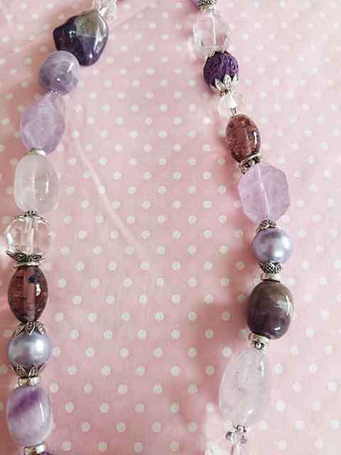 Purple Amethyst+Purple Glass Pearls+Clea+Semi-Precious Pend Nickel Findings, Lobster Clasp, 46cm+5cm
