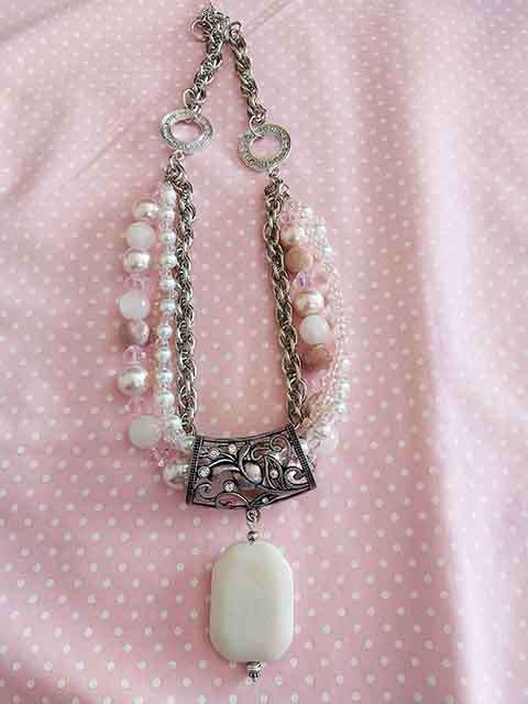 White+Pink Glass Pearls+Pink Semi-Pre+Semi-Precious Pendant Nickel Findings, Lobster Clasp, 44cm+5cm