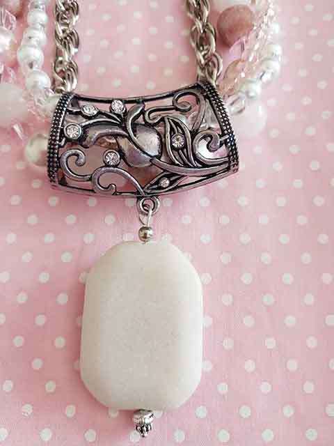 White+Pink Glass Pearls+Pink Semi-Pre+Semi-Precious Pendant Nickel Findings, Lobster Clasp, 44cm+5cm
