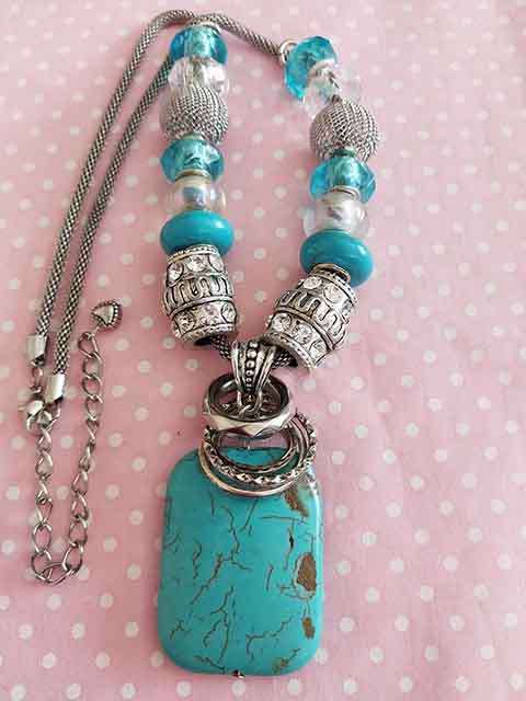 Clear+Turquoise Pandora Style Beads+Chain+Pendant, Nickel Findings, Lobster Clasp, 42cm+5cm, 1pc