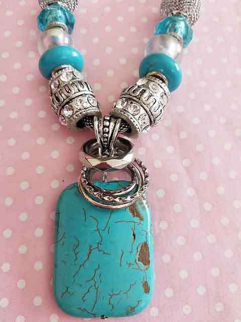 Clear+Turquoise Pandora Style Beads+Chain+Pendant, Nickel Findings, Lobster Clasp, 42cm+5cm, 1pc