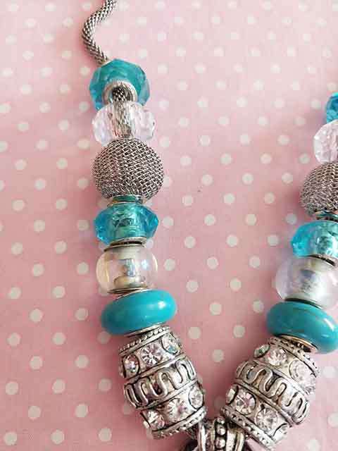 Clear+Turquoise Pandora Style Beads+Chain+Pendant, Nickel Findings, Lobster Clasp, 42cm+5cm, 1pc