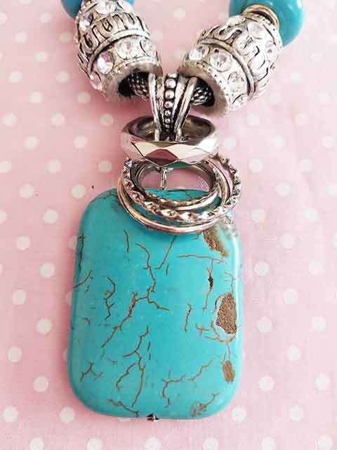 Clear+Turquoise Pandora Style Beads+Chain+Pendant, Nickel Findings, Lobster Clasp, 42cm+5cm, 1pc