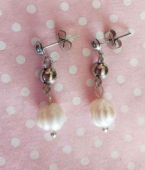 Earrings, White Freshwater Pearls, Nickel Findings+Ear Studs, 27mm, 2pc