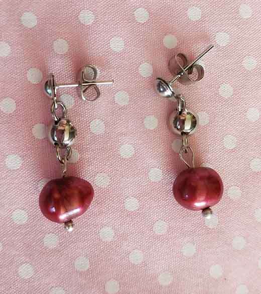 Earrings, Maroon Freshwater Pearls, Nickel Findings+Ear Studs, 27mm, 2pc