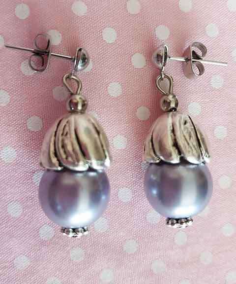 Earrings, Purple Glass Pearl, Nickel Ear Studs And Findings, 30mm, 2pc