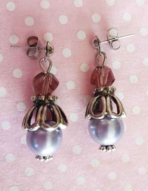 Earrings, Purple Glass Pearl With Purple Crystal Beads, Nickel Ear Studs And Findings, 31mm, 2pc