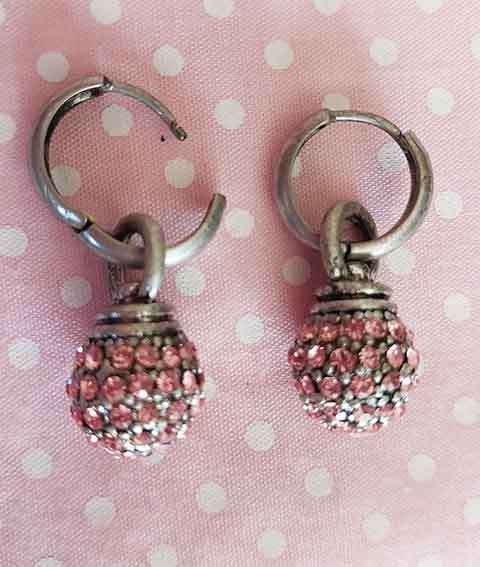 Riza Earrings, Pink Rhinestones, Nickel Hoops, 29mm, 2pc