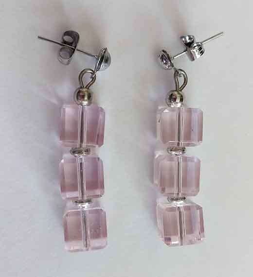Earrings, Pink Crystal Cubes, Nickel Findings+Ear Studs, 38mm, 2pc