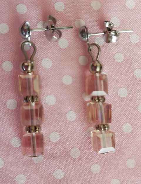 Earrings, Champagne Coloured Crystal Cubes, Nickel Findings+Ear Studs, 32mm, 2pc