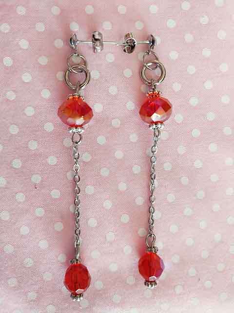 Earrings, Red Crystal Beads, Nickel Findings+Ear Studs, 75mm, 2pc