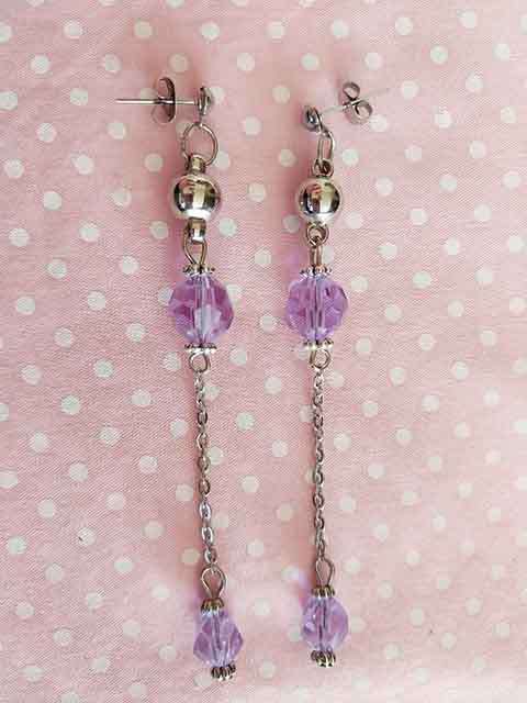 Earrings, Purple Crystal Beads, Nickel Findings+Ear Studs, 86mm, 2pc