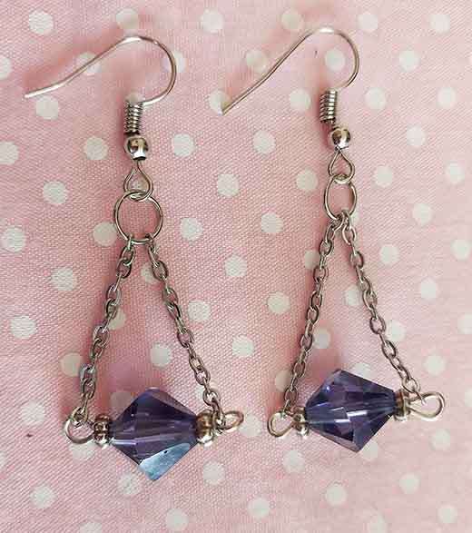 Earrings, Purple Bicone Crystal Beads, Nickel Findings+Ear Hooks, 50mm, 2pc