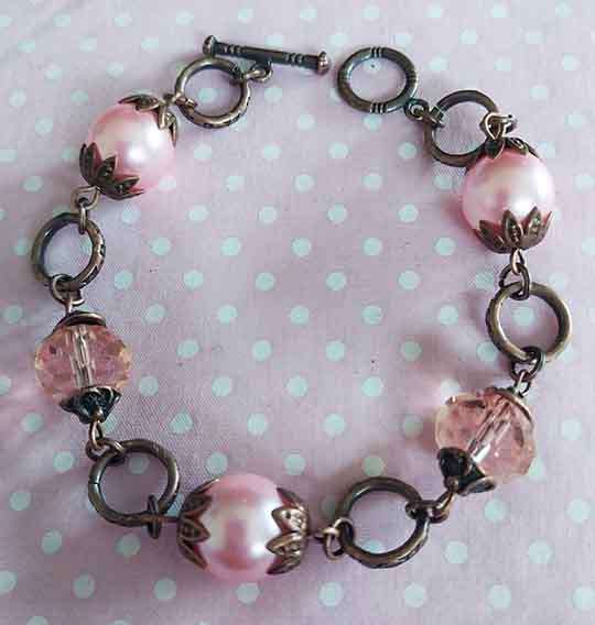 Bracelet, Pink Glass Pearls+Pink Crystal Beads, Copper Findings, Toggle Clasp, 20.5cm