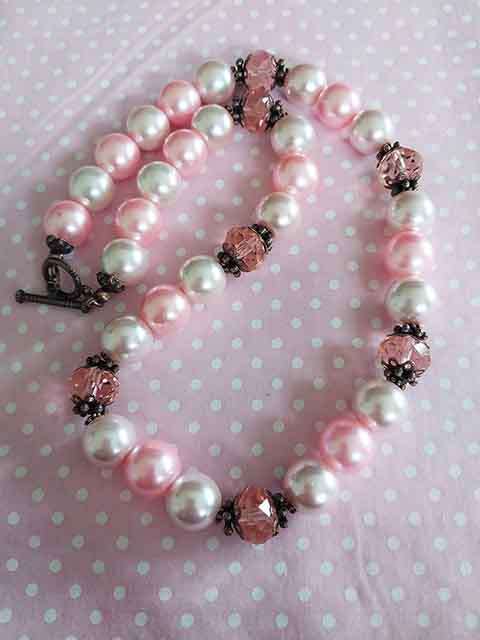 Necklace, Shades Of Pink Glass Pearls+Pink Crystal Beads, Copper Findings, Toggle Clasp, 44cm