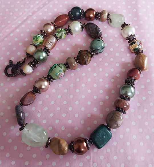 Brown+Green Semi-Precious Beads+Brown+Green Glass Pearls+Green, Copper Findings, Toggle Clasp, 50cm