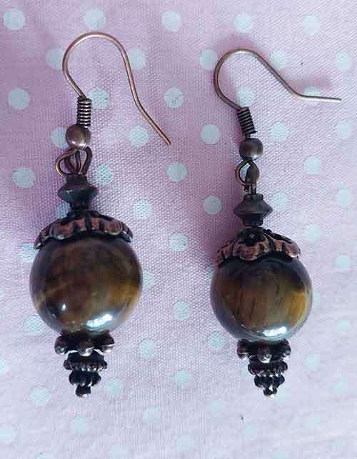 Earrings, Tiger Eye Semi-Precious Beads, Copper Findings And Ear Hooks, 47mm