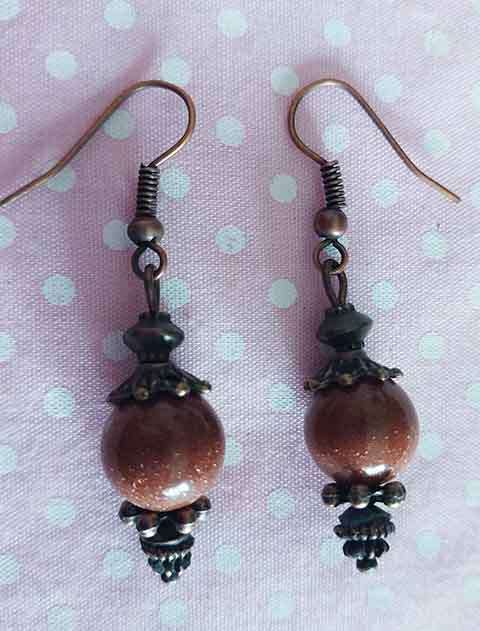 Earrings, Gold Stone Semi-Precious Beads, Copper Findings And Ear Hooks, 43mm