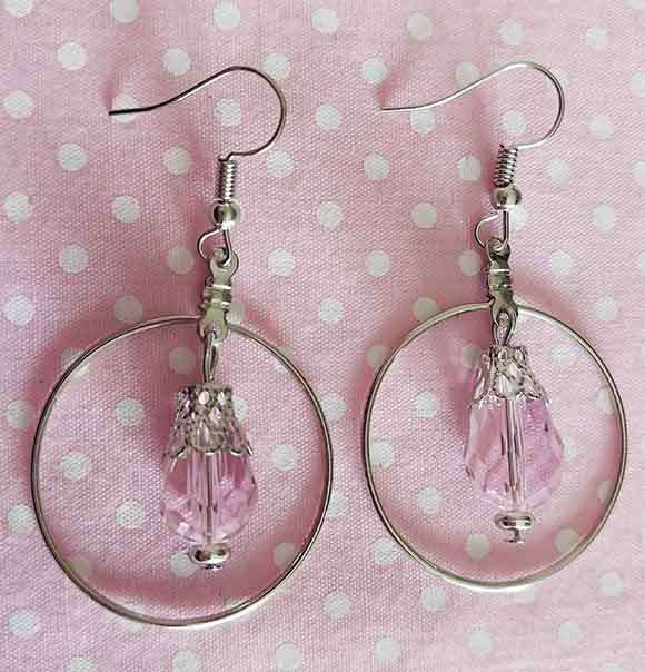 Earrings, Pink Crystal Beads, Nickel Findings+Ear Hooks, 50mm, 2pc